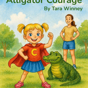Cover of the children's picture book *Alligator Courage* by Tara Winney. A confident young girl in a red cape stands beside a friendly alligator while a caring adult watches nearby. The colourful illustration reflects themes of bravery, belonging, connection, and emotional growth.