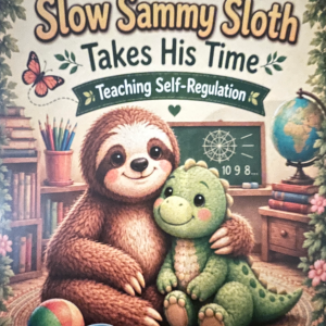 Book cover for Slow Sammy Sloth. There is a sloth, hugging a dinosaur, in a classroom with the words emotional regulation.
